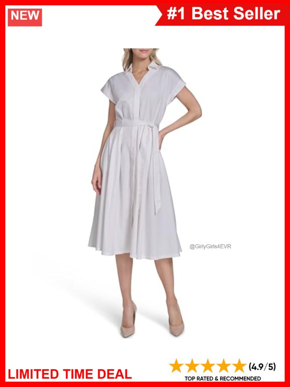 Cap Sleeve Cotton Midi Shirt Dress A-Line Button Front Belted